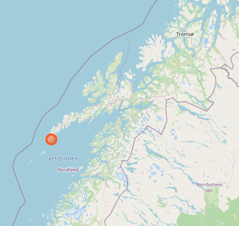 En karta med Sørvågen utmärkt. Sørvågen ligger i Moskenes, Nordland, Norge.