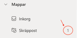 Bilden visar hur man ser i Outlook om det finns ett meddelande i skräppostmappen.